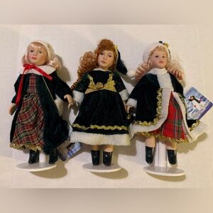 Belinda Agnes Vintage Trio Of Porcelain Faced Holiday Dolls w Stands 7”